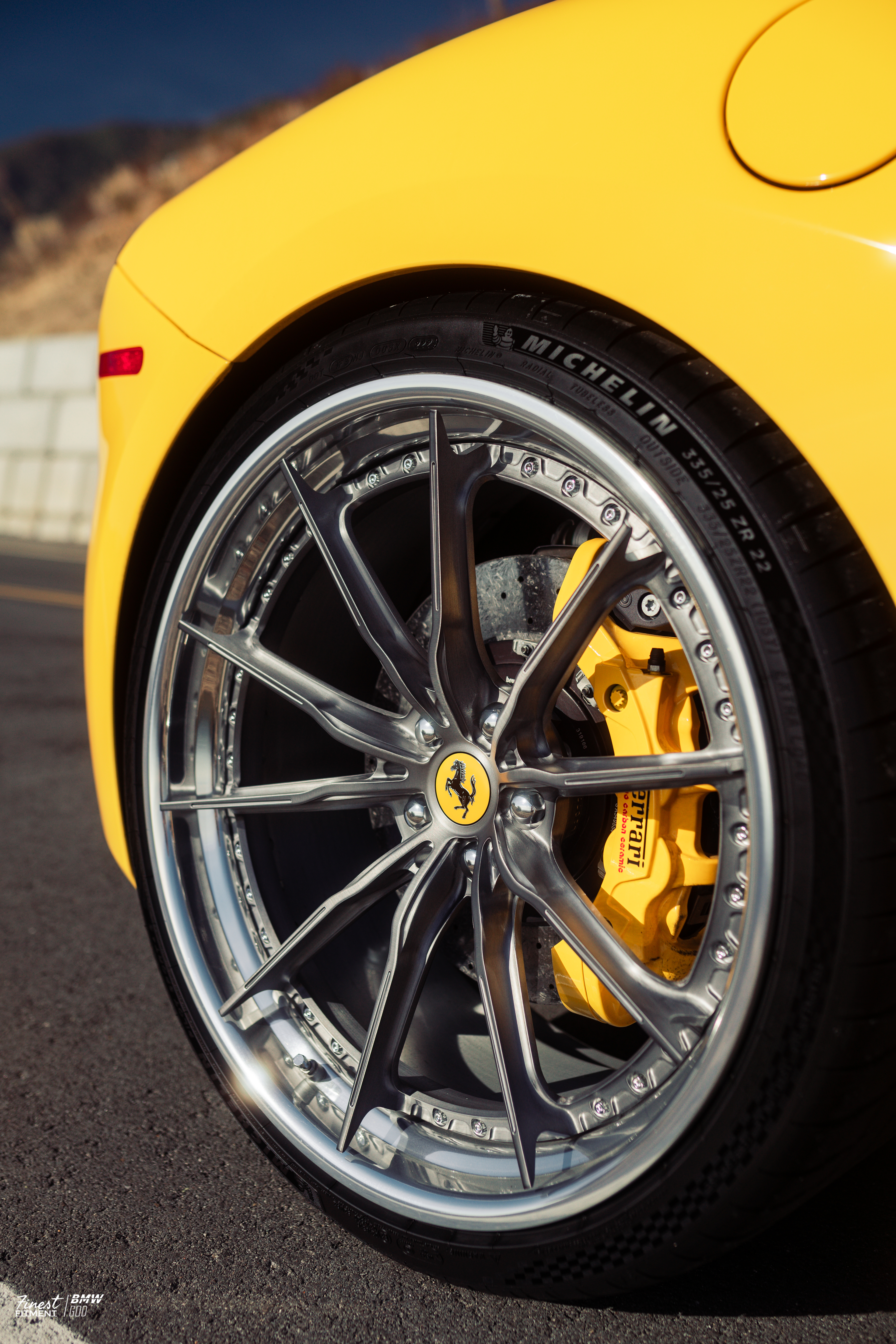 2018 Ferrari 488 with Motivo Forged CS-M custom wheels in frozen brushed gunmetal and gloss polished clear detail view